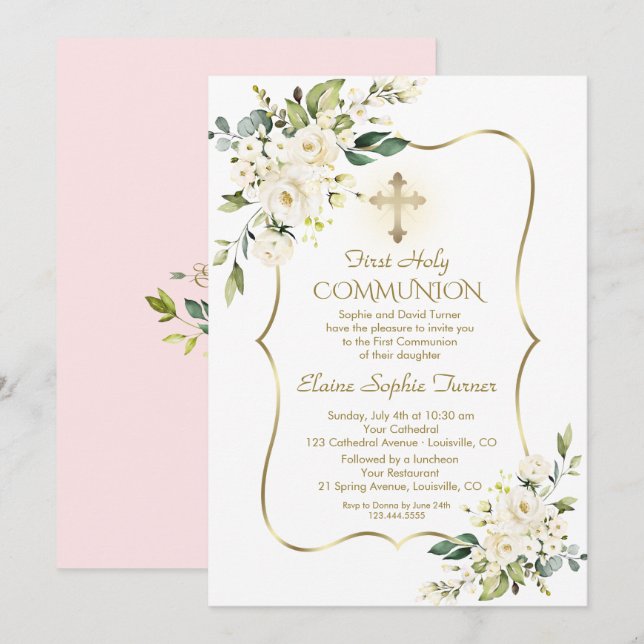 Invitación Flores Blancas Delicadas De Lujo Pink Holy Communi (Anverso / Reverso)