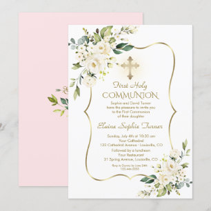 Invitación Flores Blancas Delicadas De Lujo Pink Holy Communi