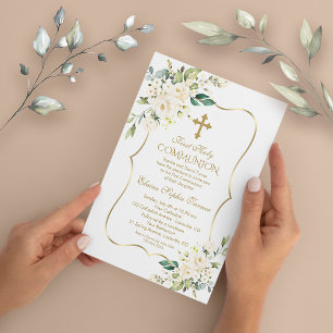 Invitación Flores Blancas Delicadas De Lujo Primera Comunión 