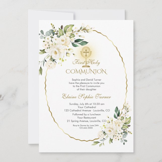 Invitación Flores Blancas Delicadas Oro Primero Santa Comunió (Anverso)