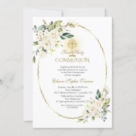 Invitación Flores Blancas Delicadas Oro Primero Santa Comunió