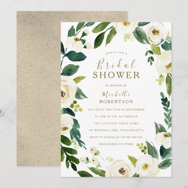 Invitación Flores Blancas Ducha Naranja Botánica Bridal (Anverso / Reverso)