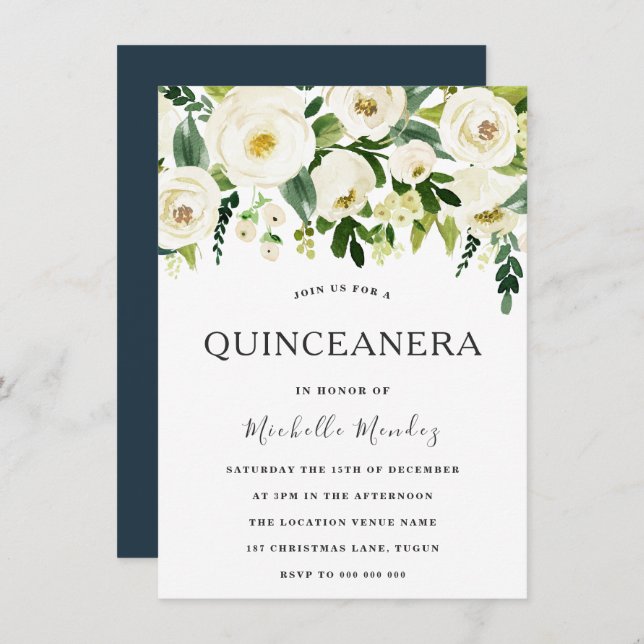 Invitación Flores Blancas Elegante Quinceanera Verde (Anverso / Reverso)