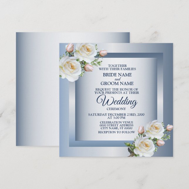 Invitación Flores Blancas Elegantes Bodas Gris Azul (Anverso / Reverso)