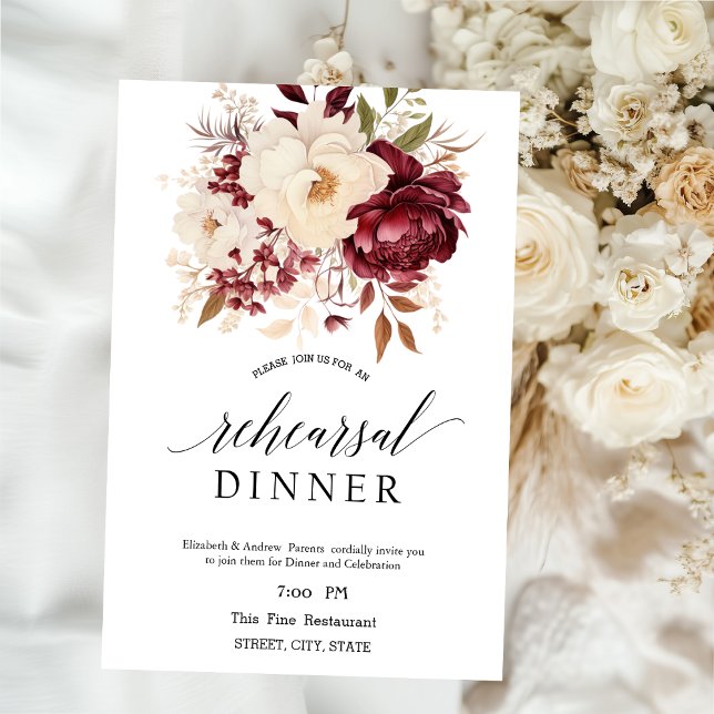 Invitación Flores blancas elegantes de Borgoña Cena de ensayo (Subido por el creador)