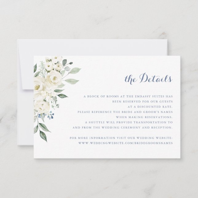 Invitación Flores blancas elegantes detalles de Boda azul tur (Anverso)