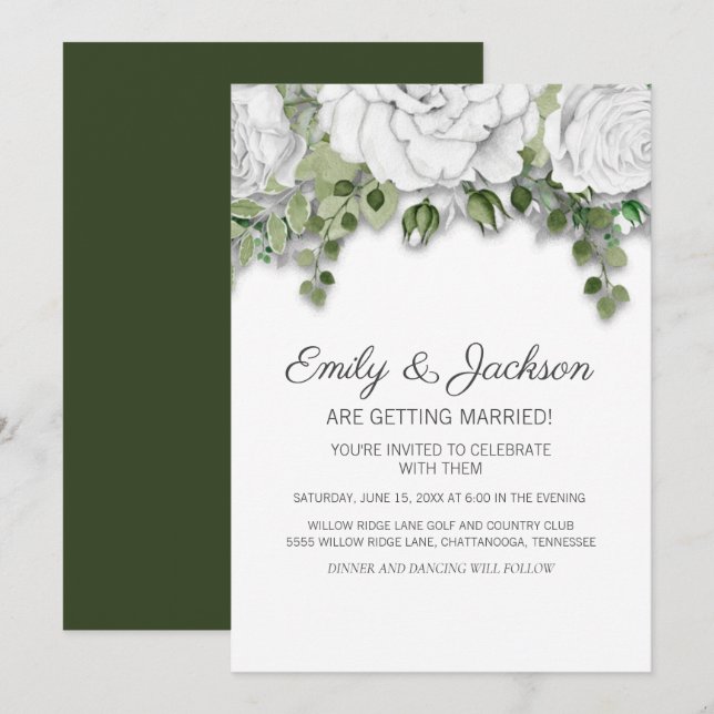 Invitación Flores blancas elegantes dibujadas a mano Boda ver (Anverso / Reverso)