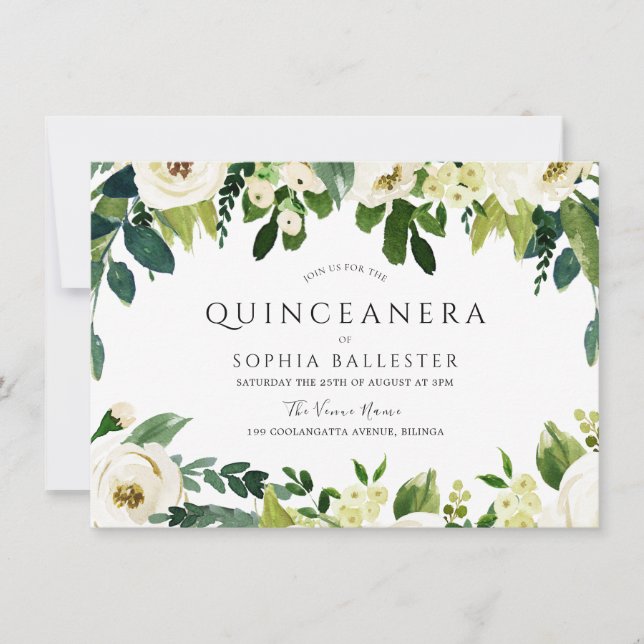 Invitación Flores blancas elegantes Fiesta Quinceanera (Anverso)