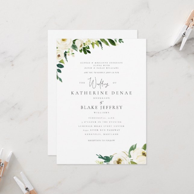 Invitación Flores Blancas Elegantes Formal Ambos Padres (Anverso/Reverso In Situ)
