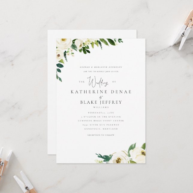 Invitación Flores blancas elegantes padres de novias formales (Anverso/Reverso In Situ)