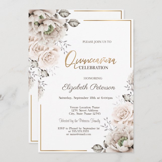 Invitación Flores blancas elegantes Quinceañera (Anverso / Reverso)