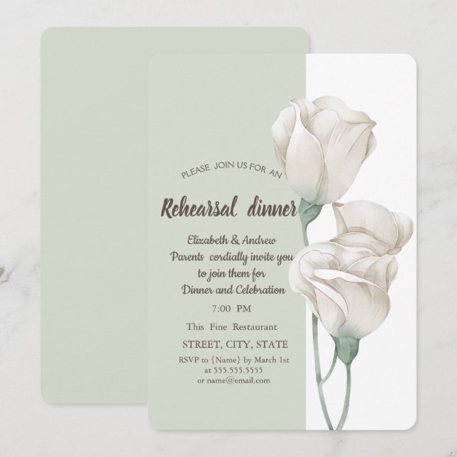 Invitación Flores blancas elegantes rosas cena de ensayo (Anverso / Reverso)