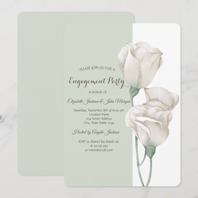 Invitación Flores Blancas Elegantes Rosas Compromiso   (Anverso / Reverso)