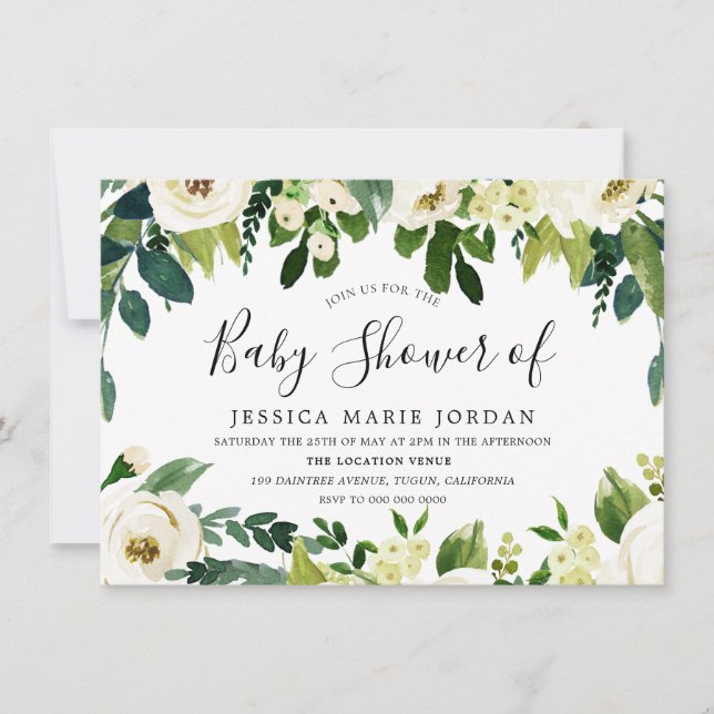 Invitación Flores blancas elegantes y bellas Baby Shower (Anverso)