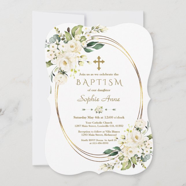 Invitación Flores blancas encantadoras Baptismo de marco cruz (Anverso)