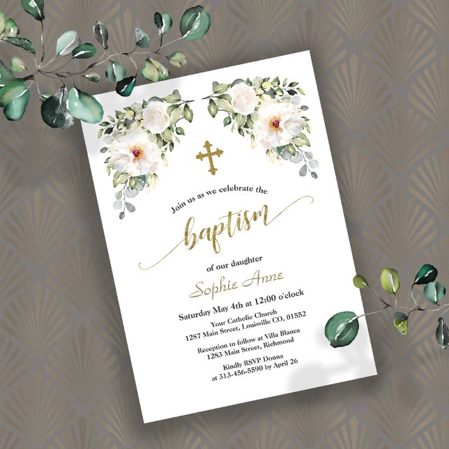 Invitación Flores blancas encantadoras caligrafía del bautism (Subido por el creador)