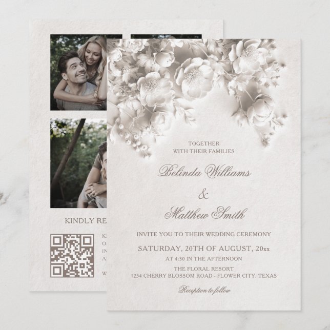 Invitación Flores blancas esculpidas rosas 3D boda (Anverso / Reverso)