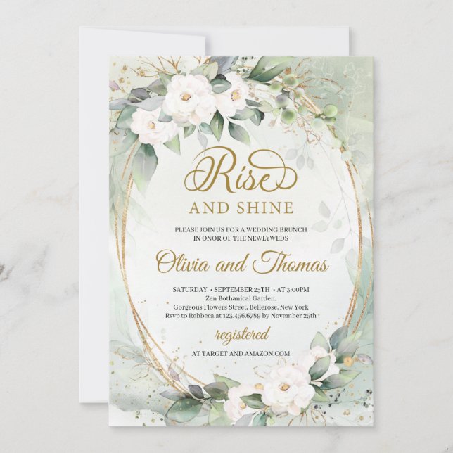 Invitación Flores blancas eucalipto oro ascenso oval y brillo (Anverso)