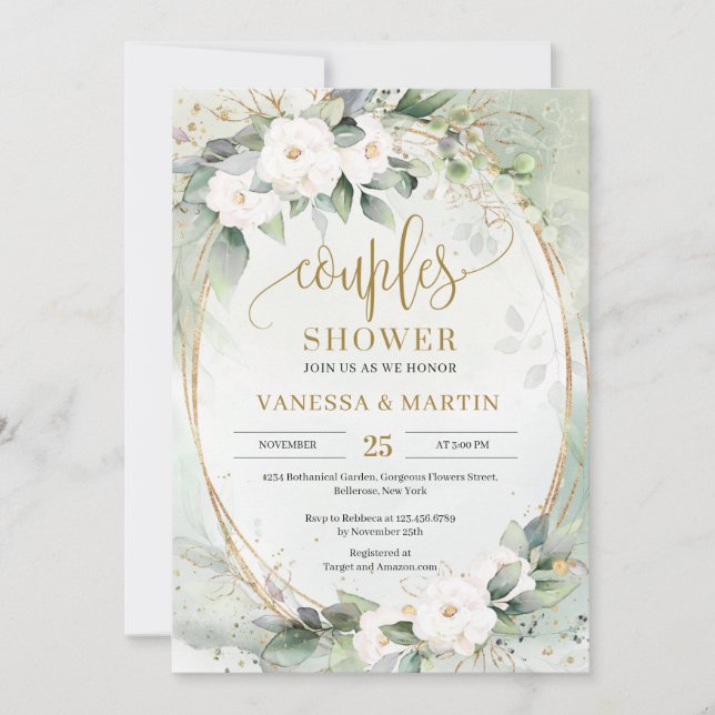Invitación Flores blancas eucalipto parejas de oro oval ducha (Anverso)