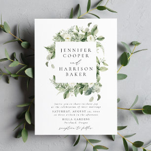 Invitación Flores blancas exuberantes y Boda del marco verde