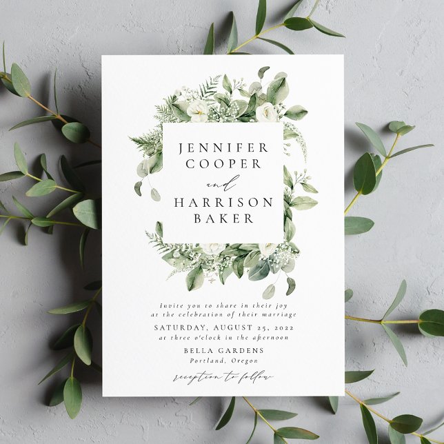 Invitación Flores blancas exuberantes y Boda del marco verde (Subido por el creador)