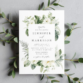 Invitación Flores blancas exuberantes y follaje enmarcan