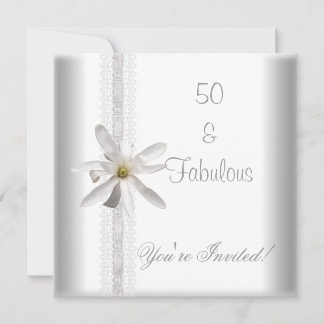 Invitación Flores Blancas Fabuloso Cumpleaños 50 Encaje (Anverso)
