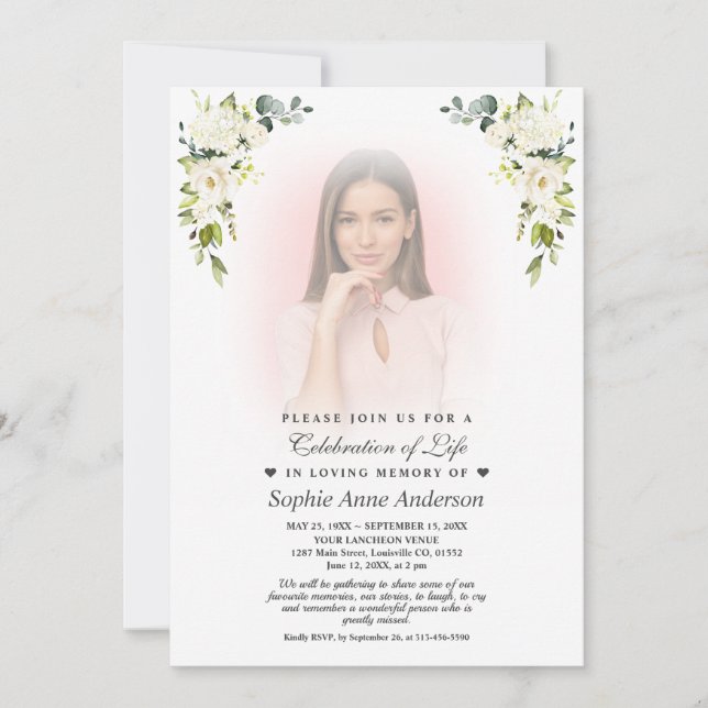 Invitación Flores blancas: Famosa foto de celebración de la v (Anverso)