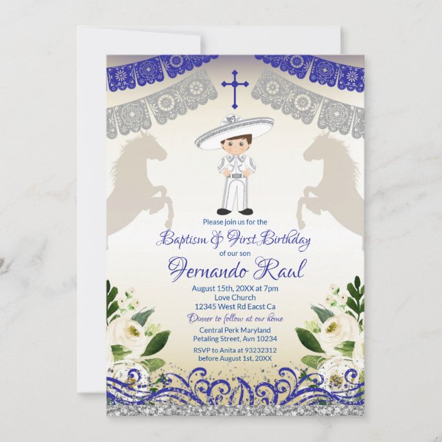 Invitación Flores blancas Fiesta Bautismo y Primer Cumpleaños (Anverso)
