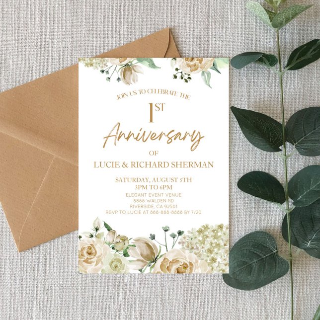 Invitación Flores blancas florales primer aniversario Boda (Subido por el creador)