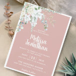 Invitación Flores blancas florales románicas boda clásico ros<br><div class="desc">Crea la suite Boda perfecta con esta romántica y hermosa invitación a la boda, con un delicado ramo acuático con flores blancas y suaves, sobre la vegetación y otros follajes botánicos en la esquina superior izquierda, sobre un elegante fondo rosa pastel. Edite fácilmente los campos de plantilla para agregar los...</div>