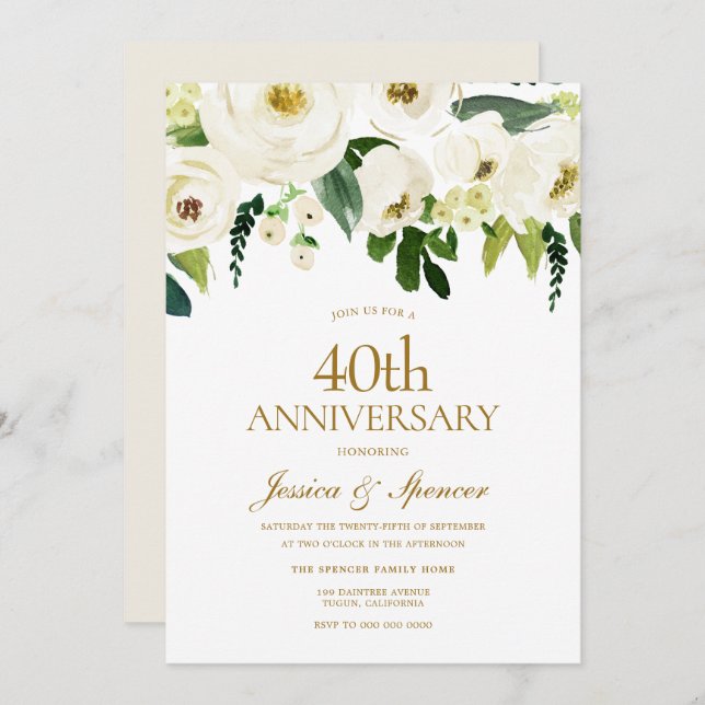Invitación Flores blancas floreciendo Aniversario de Bodas 40 (Anverso / Reverso)