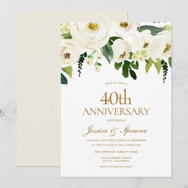 Invitación Flores blancas floreciendo Aniversario de Bodas de (Anverso / Reverso)