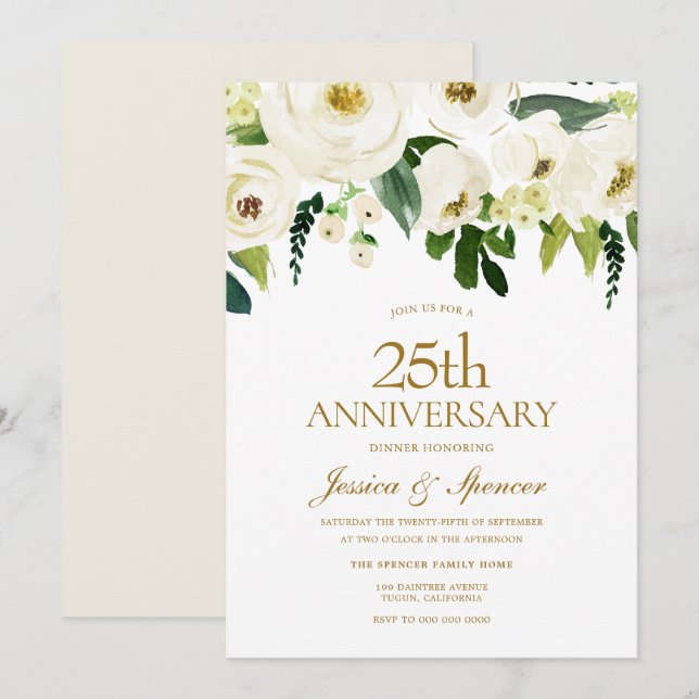 Invitación Flores blancas floreciendo Bodas de plata 25 Anive (Anverso / Reverso)