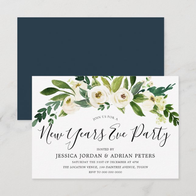 Invitación Flores blancas florecientes Fiesta de Año Nuevo (Anverso / Reverso)