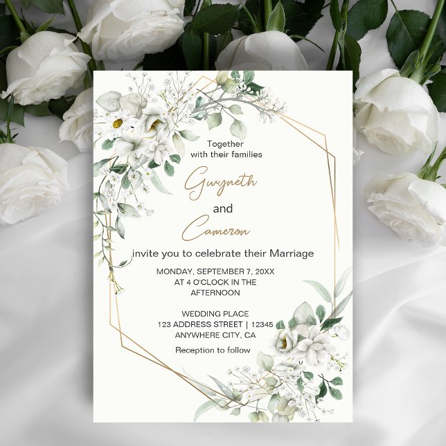 Invitación Flores blancas frondosas y oro geométrico (An elegant invitation that combines the simplicity of white flowers with the allure of geometric. )