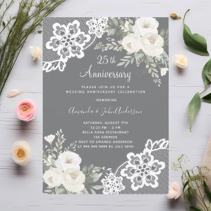 Invitación Flores blancas gris aniversario 25 boda