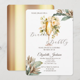 Invitación Flores Blancas Hoja Copa de Champán Despedida de S