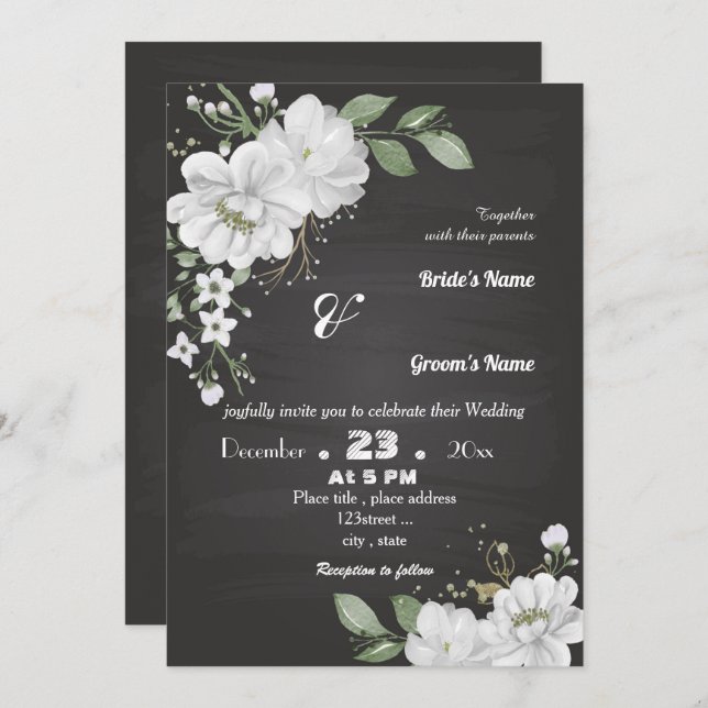 Invitación flores blancas hojas verdes (Anverso / Reverso)