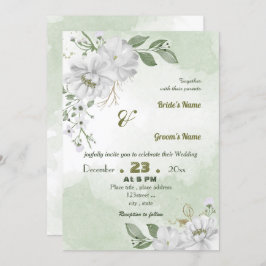 Invitación flores blancas hojas verdes boda