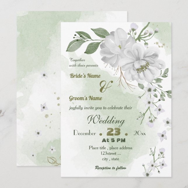 Invitación flores blancas hojas verdes boda (Anverso / Reverso)