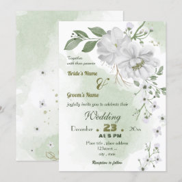Invitación flores blancas hojas verdes boda