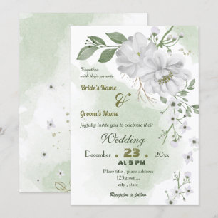 Invitación flores blancas hojas verdes boda