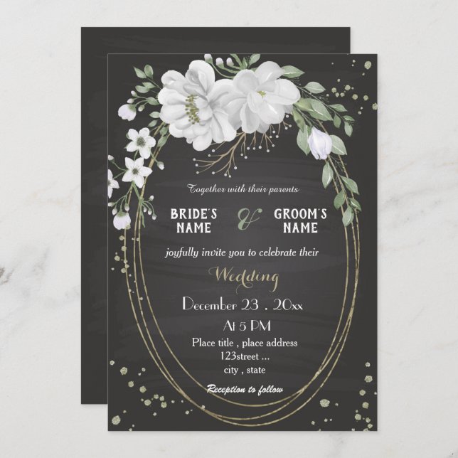 Invitación flores blancas hojas verdes boda negro (Anverso / Reverso)