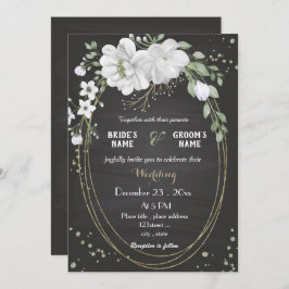 Invitación flores blancas hojas verdes boda negro