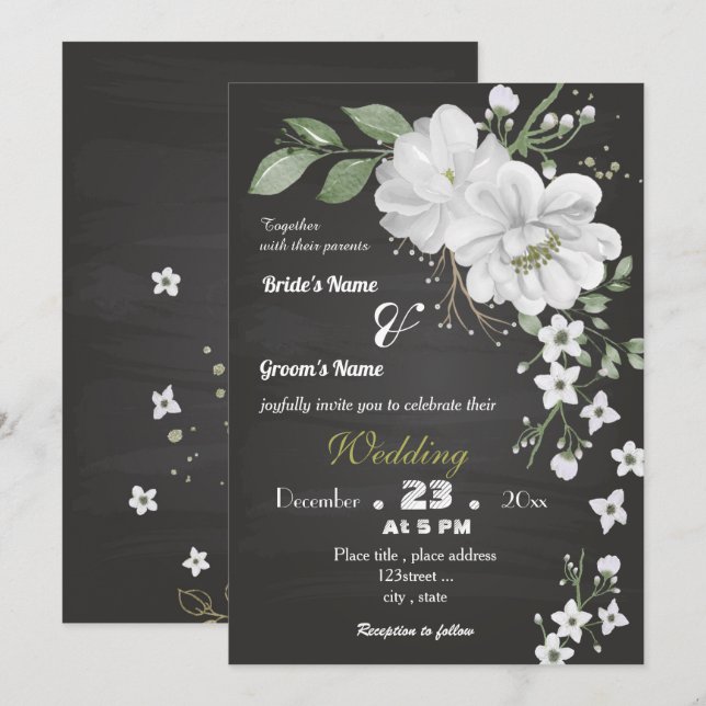 Invitación flores blancas hojas verdes boda negro (Anverso / Reverso)