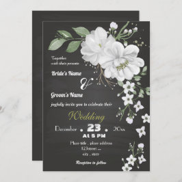 Invitación flores blancas hojas verdes boda negro