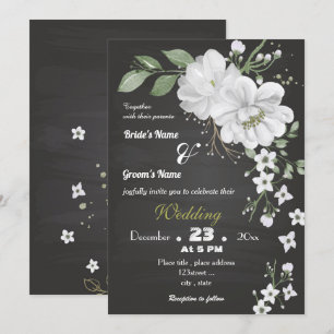 Invitación flores blancas hojas verdes boda negro