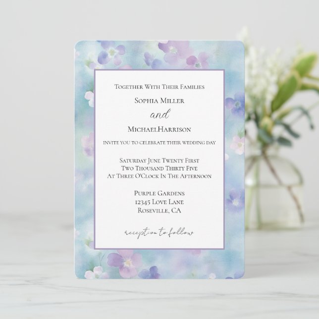 Invitación Flores Blancas Lilas Azules Bodas (Anverso de pie)