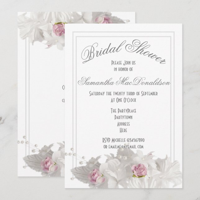 Invitación Flores blancas lisa ducha de novia mínima (Anverso / Reverso)